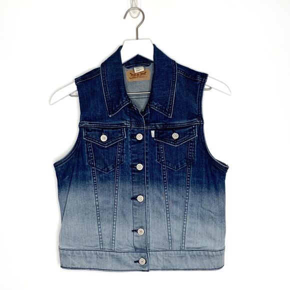 Levi's Ombre Dip Dye Denim Trucker Vest Womens Medium Blue to Bleached - Picture 1 of 5